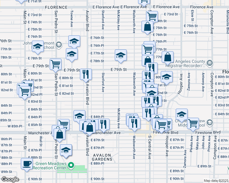 map of restaurants, bars, coffee shops, grocery stores, and more near 745 East 82nd Street in Los Angeles