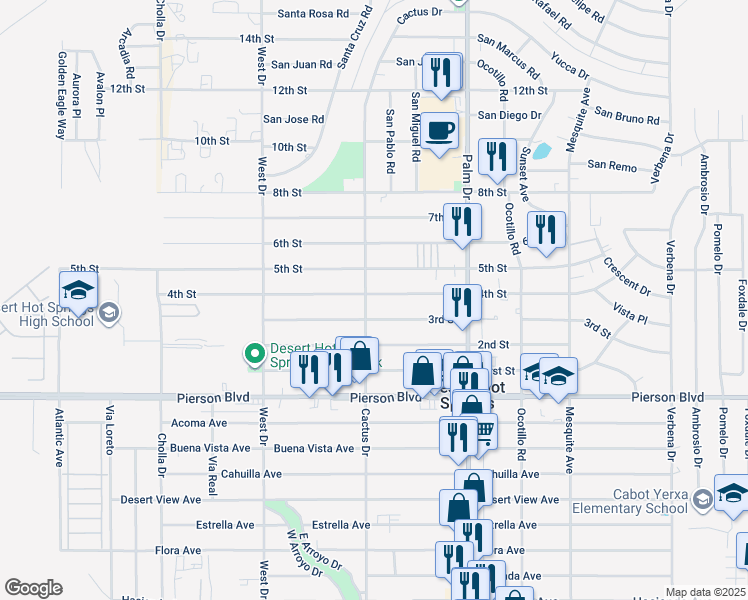 map of restaurants, bars, coffee shops, grocery stores, and more near 66281 4th Street in Desert Hot Springs