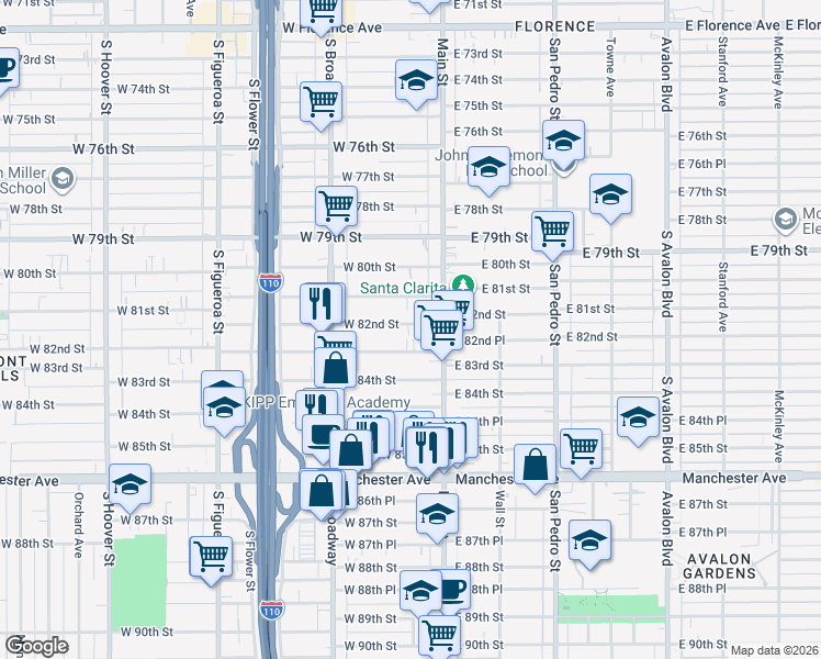 map of restaurants, bars, coffee shops, grocery stores, and more near 129 West 83rd Street in Los Angeles