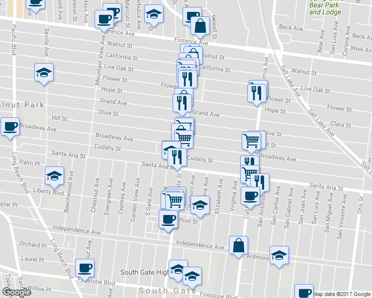 map of restaurants, bars, coffee shops, grocery stores, and more near 3230 Broadway in Huntington Park