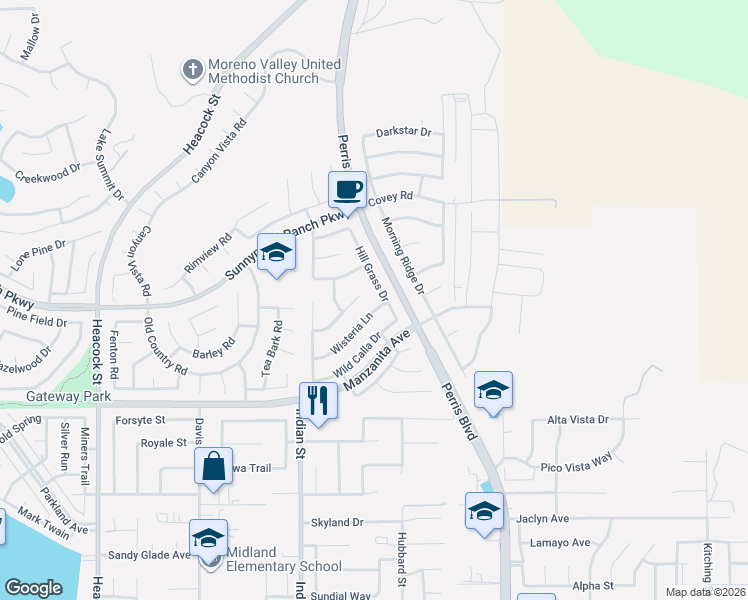 map of restaurants, bars, coffee shops, grocery stores, and more near 24678 Wisteria Lane in Moreno Valley
