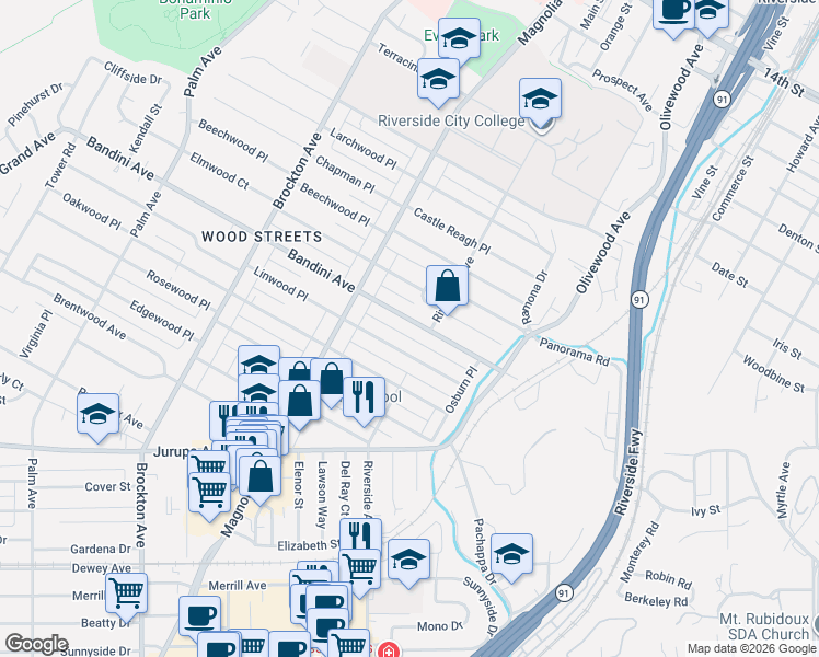 map of restaurants, bars, coffee shops, grocery stores, and more near 3673 Linwood Place in Riverside