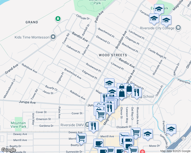 map of restaurants, bars, coffee shops, grocery stores, and more near 5755 Brockton Avenue in Riverside