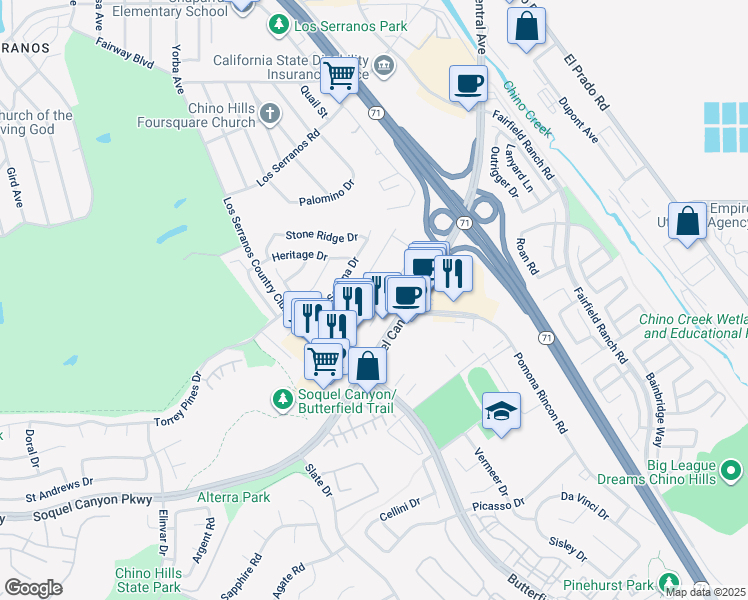 map of restaurants, bars, coffee shops, grocery stores, and more near 15840 Soquel Canyon Parkway in Chino Hills