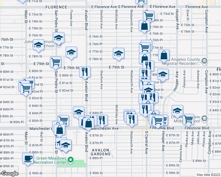 map of restaurants, bars, coffee shops, grocery stores, and more near 742 East 82nd Street in Los Angeles