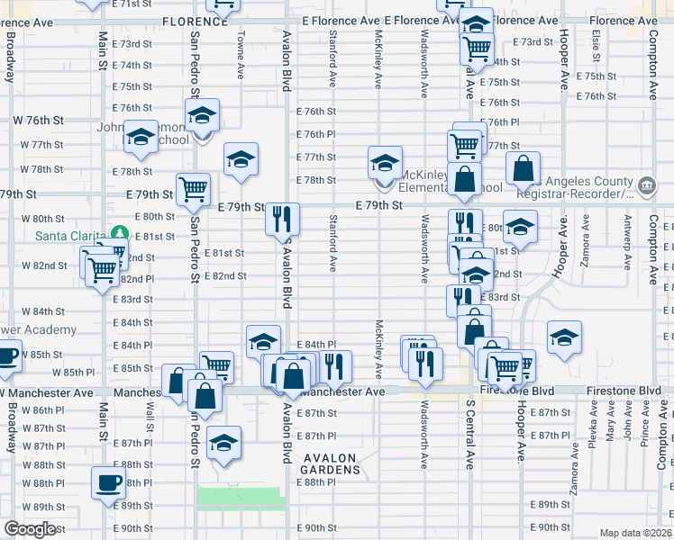 map of restaurants, bars, coffee shops, grocery stores, and more near 652 East 82nd Street in Los Angeles