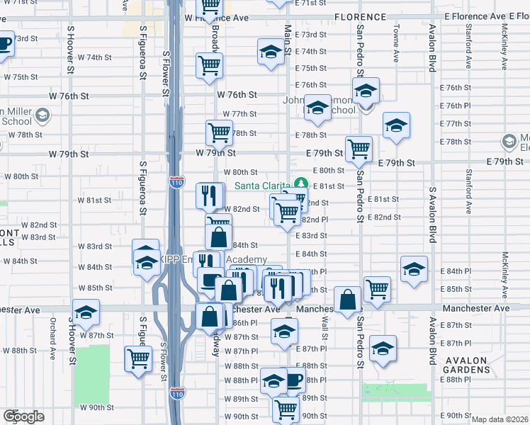 map of restaurants, bars, coffee shops, grocery stores, and more near 140 West 82nd Street in Los Angeles