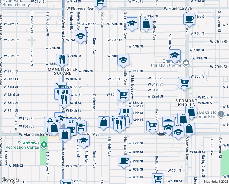 map of restaurants, bars, coffee shops, grocery stores, and more near 1448 West 82nd Street in Los Angeles