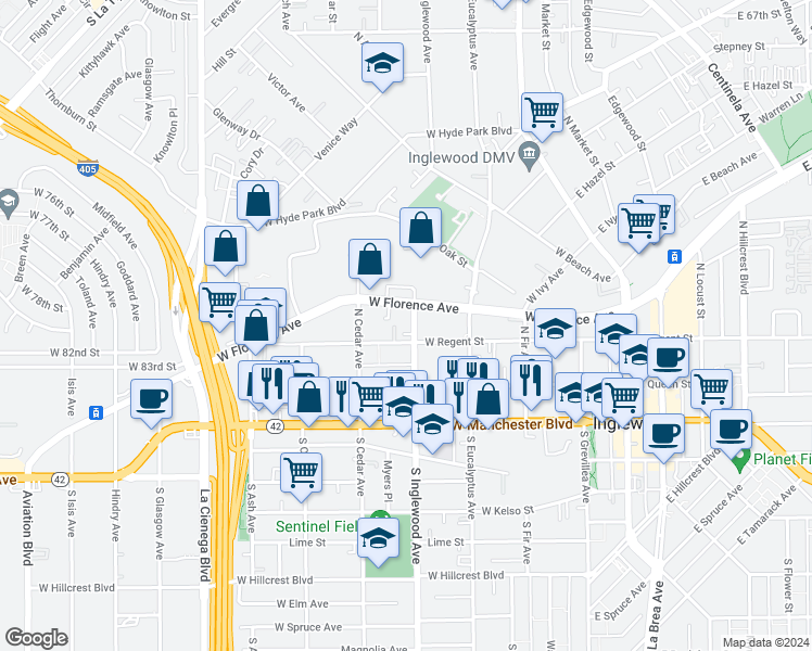 map of restaurants, bars, coffee shops, grocery stores, and more near 401 West Regent Street in Inglewood
