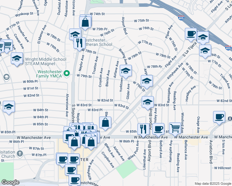map of restaurants, bars, coffee shops, grocery stores, and more near 8122 Airlane Avenue in Los Angeles