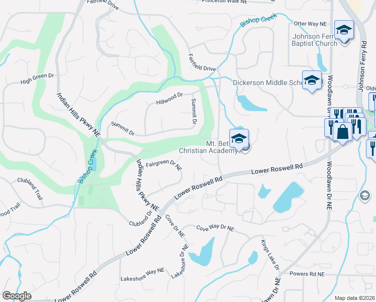 map of restaurants, bars, coffee shops, grocery stores, and more near 4230 Fairgreen Terrace Northeast in Marietta