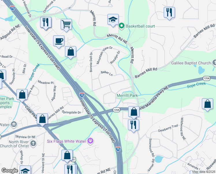 map of restaurants, bars, coffee shops, grocery stores, and more near 1120 Barnes Mill Road in Marietta