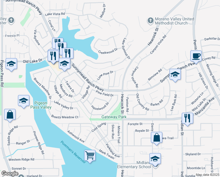 map of restaurants, bars, coffee shops, grocery stores, and more near 23893 Pine Smoke Place in Moreno Valley