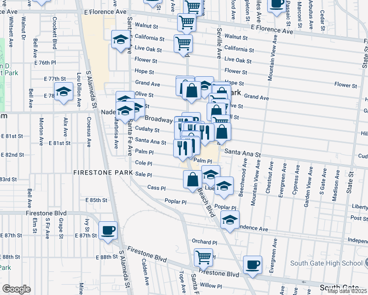 map of restaurants, bars, coffee shops, grocery stores, and more near 8117 Long Beach Boulevard in South Gate