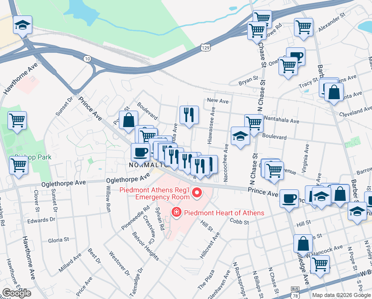 map of restaurants, bars, coffee shops, grocery stores, and more near 148 Park Avenue in Athens