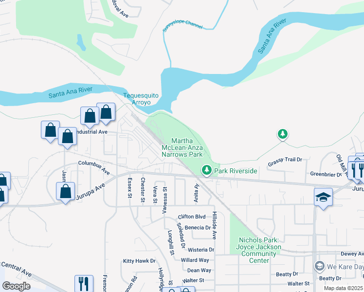 map of restaurants, bars, coffee shops, grocery stores, and more near 5759 Jurupa Avenue in Riverside