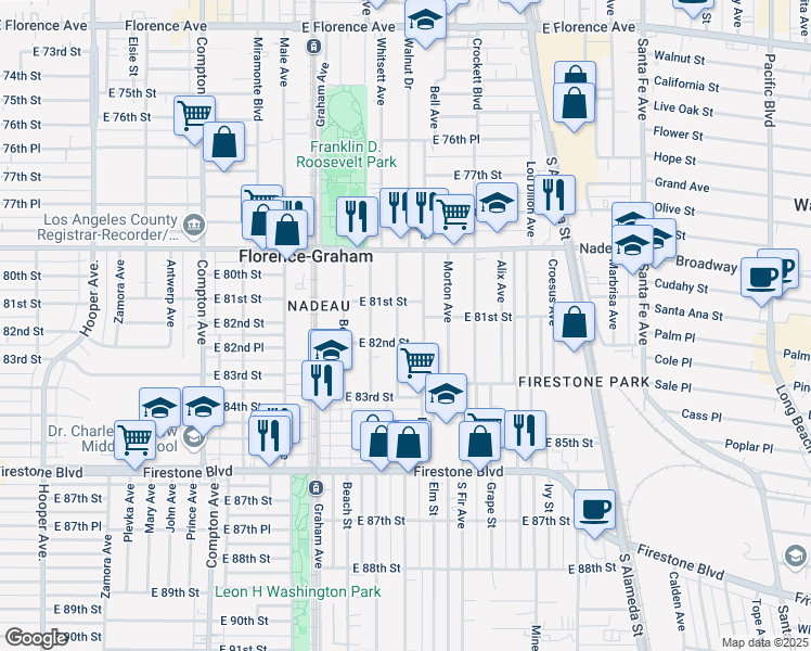map of restaurants, bars, coffee shops, grocery stores, and more near 8143 Bell Avenue in Los Angeles