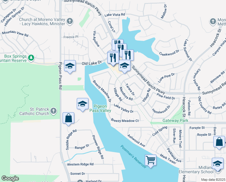 map of restaurants, bars, coffee shops, grocery stores, and more near 10709 Village Road in Moreno Valley