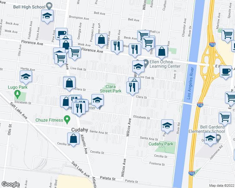 map of restaurants, bars, coffee shops, grocery stores, and more near Clara Street in Cudahy