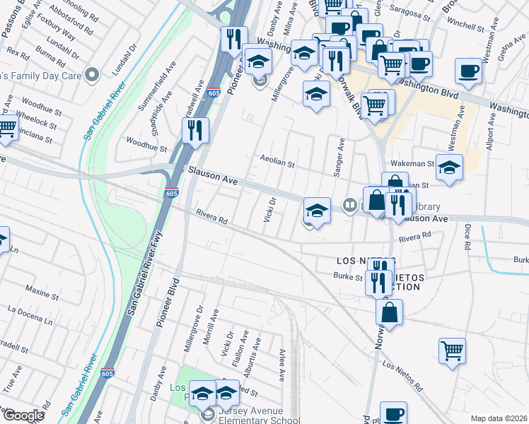 map of restaurants, bars, coffee shops, grocery stores, and more near 8621 Vicki Drive in Whittier