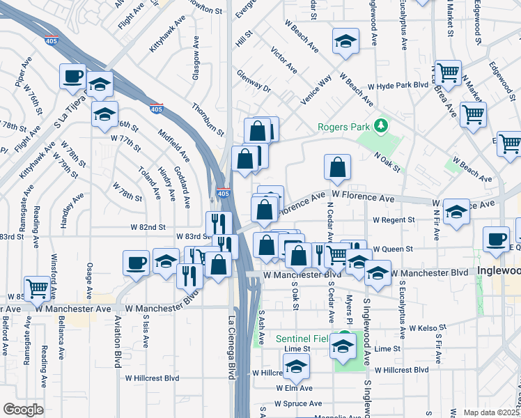 map of restaurants, bars, coffee shops, grocery stores, and more near 647 Augusta Street in Inglewood