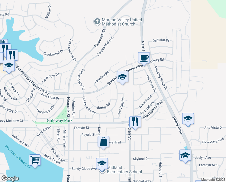 map of restaurants, bars, coffee shops, grocery stores, and more near 24421 Barley Road in Moreno Valley