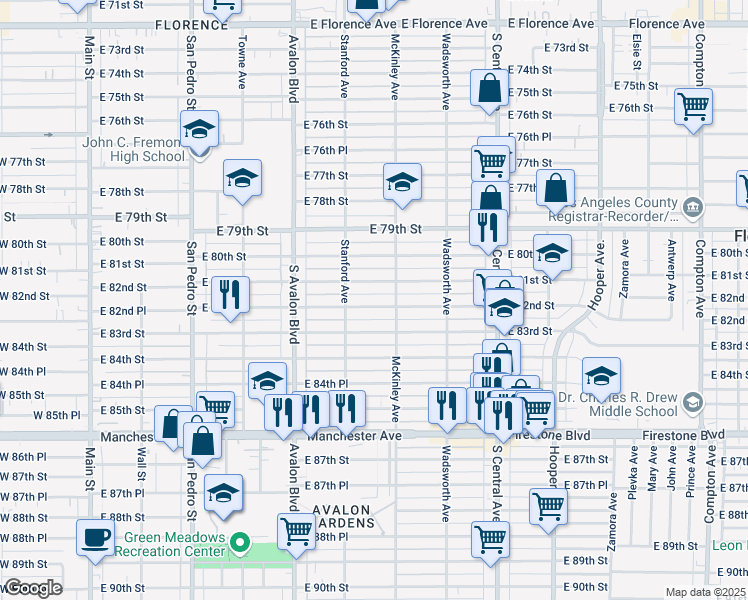 map of restaurants, bars, coffee shops, grocery stores, and more near 735 East 82nd Street in Los Angeles