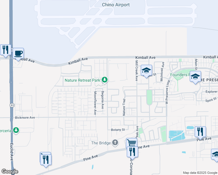 map of restaurants, bars, coffee shops, grocery stores, and more near 7702 Spring Hill Street in Chino