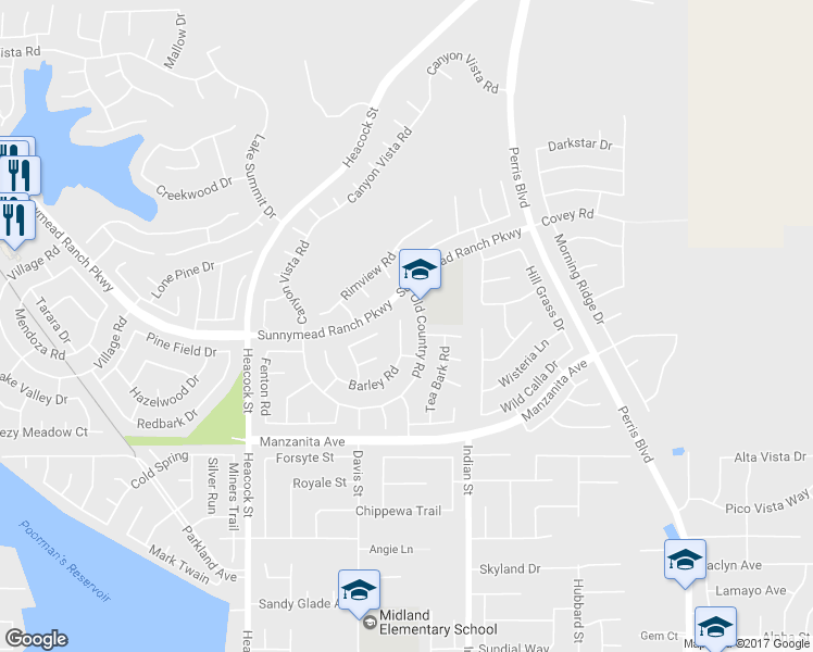 map of restaurants, bars, coffee shops, grocery stores, and more near 24421 Barley Road in Moreno Valley