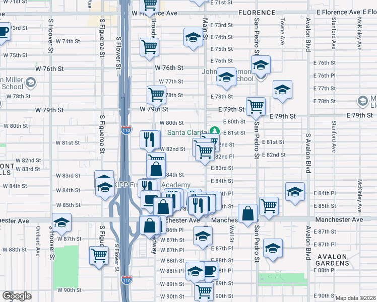 map of restaurants, bars, coffee shops, grocery stores, and more near 140 West 82nd Street in Los Angeles