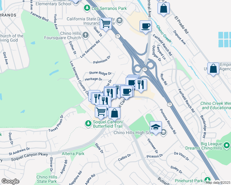 map of restaurants, bars, coffee shops, grocery stores, and more near 15876 Ellington Way in Chino Hills