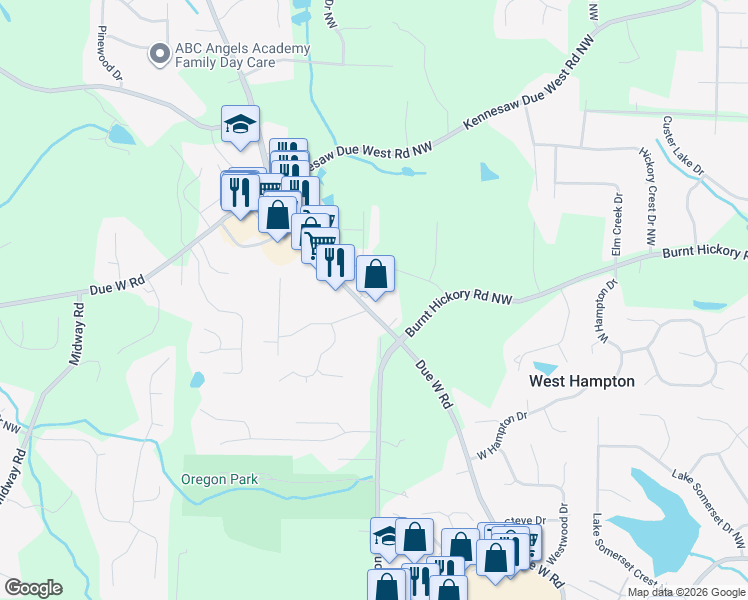 map of restaurants, bars, coffee shops, grocery stores, and more near 3760 Due West Road Northwest in Marietta