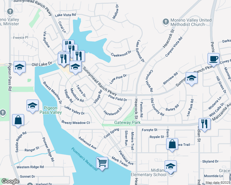 map of restaurants, bars, coffee shops, grocery stores, and more near 18 Sunnymead Ranch Parkway in Moreno Valley