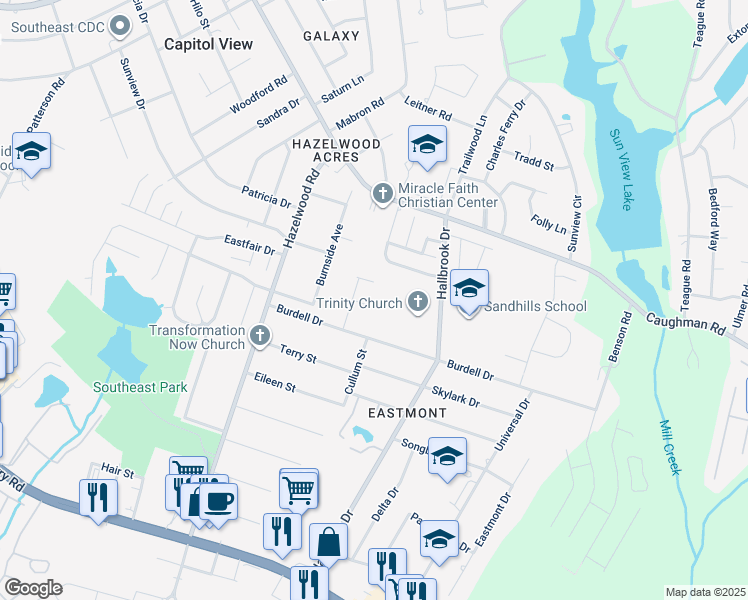 map of restaurants, bars, coffee shops, grocery stores, and more near 13 Carolina Rose Court in Columbia