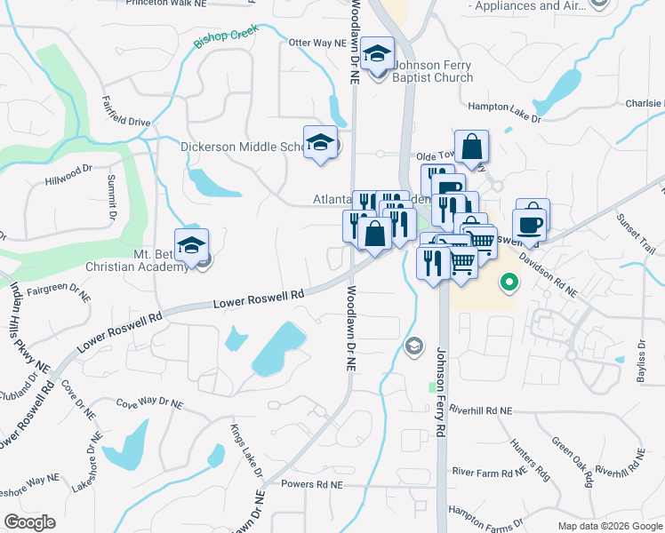 map of restaurants, bars, coffee shops, grocery stores, and more near 4605 Woodlawn Gates Lane in Marietta