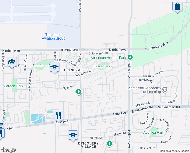 map of restaurants, bars, coffee shops, grocery stores, and more near 8595 Founders Grove Street in Chino
