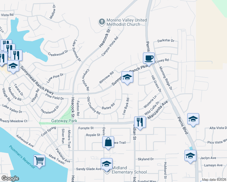 map of restaurants, bars, coffee shops, grocery stores, and more near 24418 Barley Road in Moreno Valley