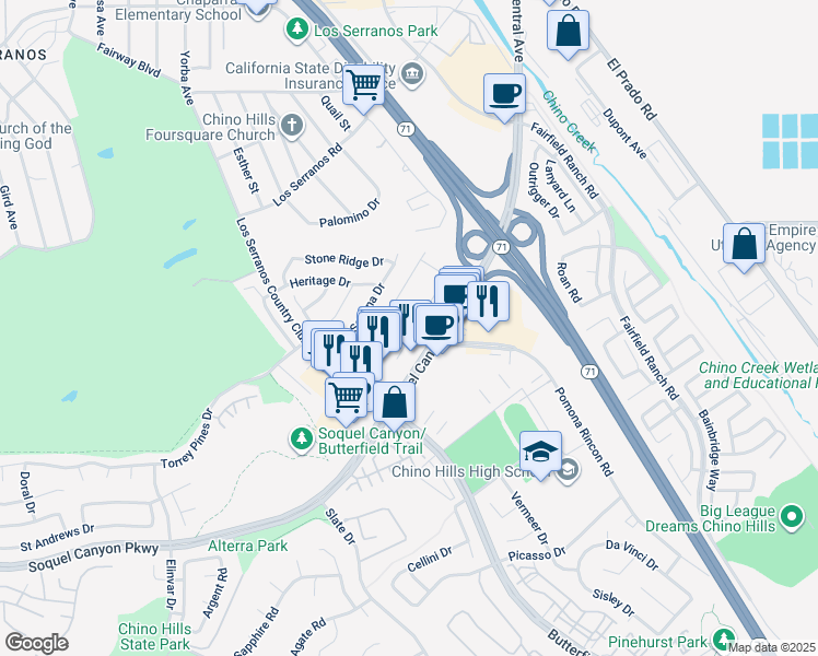 map of restaurants, bars, coffee shops, grocery stores, and more near 15864 Ellington Way in Chino Hills