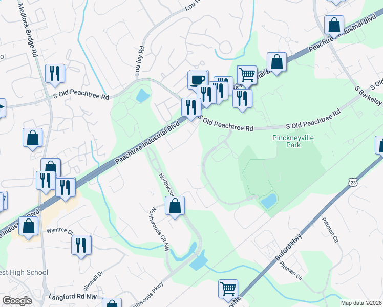 map of restaurants, bars, coffee shops, grocery stores, and more near 4925 Avalon Ridge Parkway in Norcross