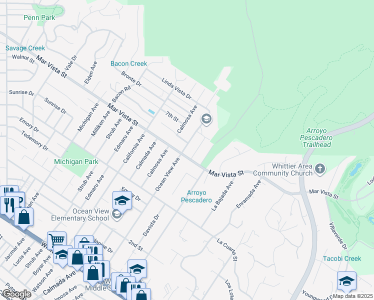 map of restaurants, bars, coffee shops, grocery stores, and more near 8150 Ocean View Avenue in Whittier
