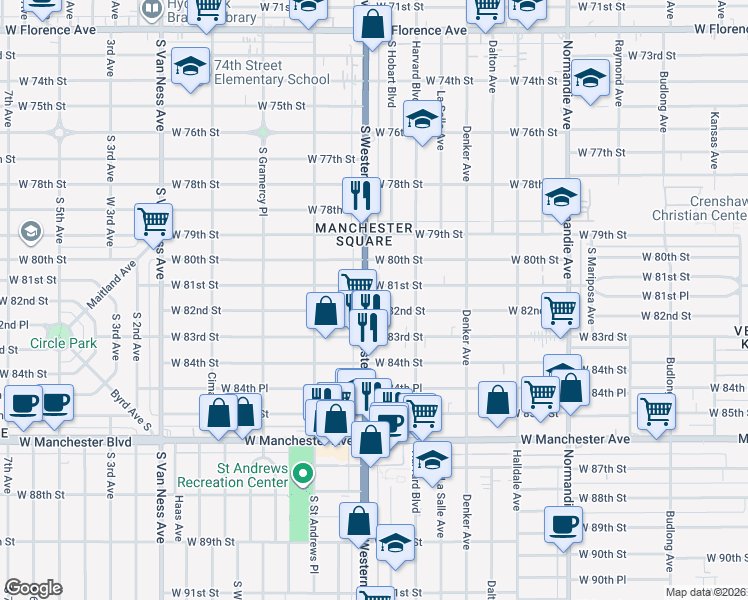 map of restaurants, bars, coffee shops, grocery stores, and more near 8118 South Western Avenue in Los Angeles