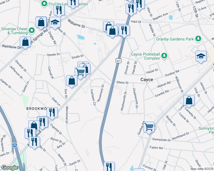 map of restaurants, bars, coffee shops, grocery stores, and more near 1822 Charleston Highway in Cayce