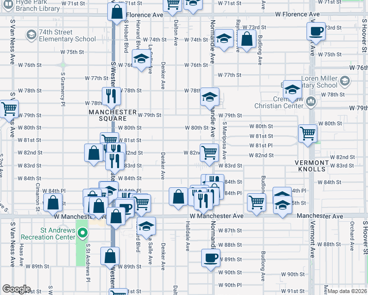 map of restaurants, bars, coffee shops, grocery stores, and more near 1507 West 82nd Street in Los Angeles