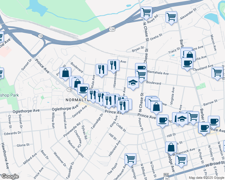 map of restaurants, bars, coffee shops, grocery stores, and more near 130 Hiawassee Avenue in Athens