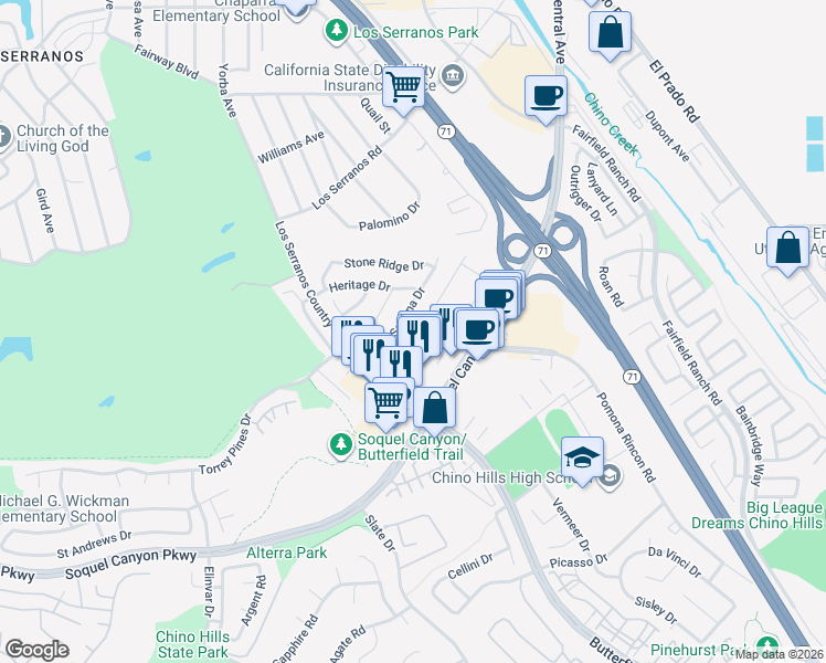 map of restaurants, bars, coffee shops, grocery stores, and more near 15900 Kingston Road in Chino Hills