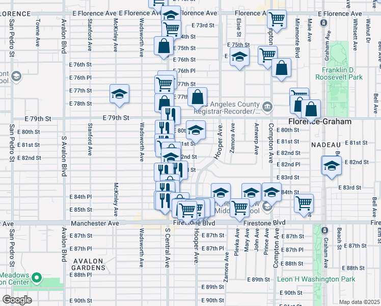 map of restaurants, bars, coffee shops, grocery stores, and more near 2 East 82nd Street in Los Angeles