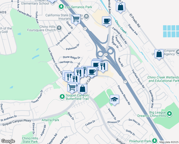 map of restaurants, bars, coffee shops, grocery stores, and more near 15840 Soquel Canyon Parkway in Chino Hills