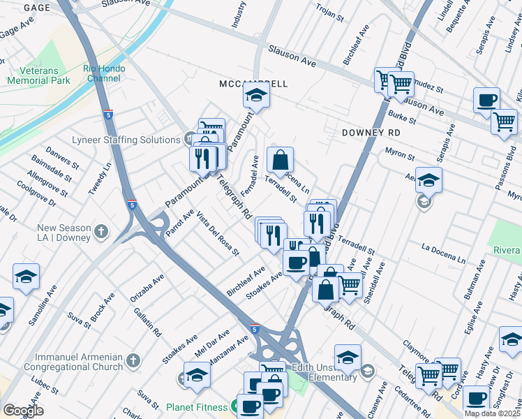 map of restaurants, bars, coffee shops, grocery stores, and more near 8337 Telegraph Road in Pico Rivera