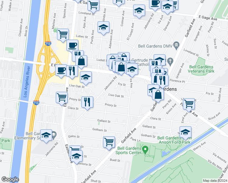 map of restaurants, bars, coffee shops, grocery stores, and more near 6001 Live Oak Street in Bell Gardens