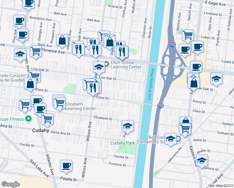 map of restaurants, bars, coffee shops, grocery stores, and more near 5117 Clara Street in Bell Gardens